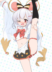 Rule 34 | 1girl, animal ears, arm up, black socks, blush, bow, brooch, commentary request, fang, granblue fantasy, grey hair, hair bow, hair ornament, hairclip, heart, heart brooch, highres, jewelry, kneehighs, leg up, long sleeves, midriff, momio, mouse ears, multicolored polka dots, navel, nose blush, one eye closed, open mouth, pleated skirt, polka dot, polka dot background, red bow, shirt, simple background, skirt, socks, solo, split, standing, standing on one leg, standing split, striped, striped bow, vikala (granblue fantasy), white background, white shirt, white skirt, wide sleeves
