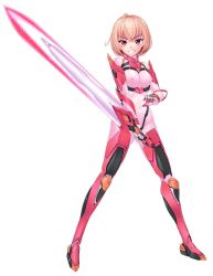 Rule 34 | 1girl, armor, blush, bodysuit, breasts, female focus, full body, gloves, grin, hair between eyes, highres, lilith-soft, nipples, no bra, phil read (taimanin asagi), pink eyes, shiny clothes, short hair, small breasts, smile, solo, standing, sword, taimanin (series), taimanin asagi kessen arena, vuccha, weapon
