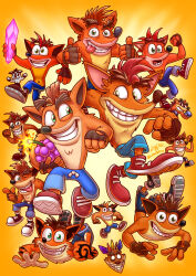 Rule 34 | absurdres, artist name, brown gloves, clenched hand, crash bandicoot, crash bandicoot (series), crystal, fingerless gloves, gloves, green eyes, grin, highres, luchosfactory, multiple persona, one eye closed, red footwear, shoes, shorts, signature, smile, teeth, thumbs up, tongue, tongue out, watermark