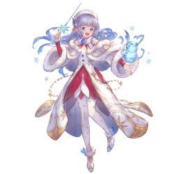 Rule 34 | :d, bare shoulders, blue eyes, blue hair, dress, eyelashes, flower, granblue fantasy, hair ornament, hat, high heels, holding, holding wand, lily (granblue fantasy), long hair, long sleeves, looking at viewer, open mouth, pantyhose, pointy ears, smile, solo, standing, teeth, tongue, transparent background, wand, white pantyhose