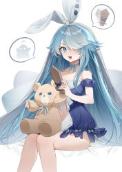 Rule 34 | 1girl, absurdres, azur lane, bare arms, bare legs, blanket, blue eyes, blue hair, blue ribbon, bow, breasts, choker, clothing cutout, collarbone, commentary, hair bow, hair over one eye, highres, holding, holding stuffed toy, knees together feet apart, lingerie, long hair, looking at viewer, maille-breze (azur lane), maille-breze (the noble knight&#039;s last stand) (azur lane), multicolored hair, navel, navel cutout, negligee, off shoulder, official alternate costume, open mouth, pajamas, ribbon, ribbon choker, shibuya (kurokamishain), sitting, small breasts, smile, solo, speech bubble, streaked hair, stuffed animal, stuffed toy, sword, teddy bear, underwear, very long hair, weapon, white bow, wooden sword