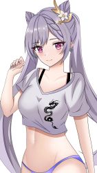Rule 34 | 1girl, absurdres, alternate costume, blush, bra strap, breasts, commentary, cone hair bun, crop top, derrick sung, dragon print, earrings, english commentary, genshin impact, grey nails, grey shirt, groin, hair bun, hand up, highres, jewelry, keqing (genshin impact), long hair, looking at viewer, medium breasts, midriff, nail polish, navel, no pants, panties, pink eyes, purple hair, purple panties, shirt, simple background, smile, solo, stomach, t-shirt, underwear, upper body, very long hair, white background