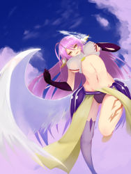 Rule 34 | 10s, 1girl, angel wings, breasts, spiked halo, feathered wings, halo, jibril (no game no life), large breasts, long hair, looking at viewer, magic circle, midriff, navel, no game no life, pink hair, solo, white wings, wings, yellow eyes