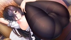 Rule 34 | 1girl, arm up, asami asami, ass, black hair, blush, bra, bra pull, breasts, breasts out, cameltoe, cleft of venus, closed mouth, clothes pull, crossed bangs, female focus, from below, game cg, groin, hair over one eye, indoors, large breasts, legs, legs up, lifted by self, long hair, looking at viewer, lying, nipples, okayu seira, on back, open clothes, orange eyes, original, panties, panties under pantyhose, pantyhose, role player: okayu shimai no nenmaku potrait - gurigucha live!, smile, solo, thighs, underwear