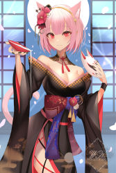 Rule 34 | 1girl, animal ears, bare shoulders, black kimono, black nails, blush, bob cut, breasts, cat ears, cat girl, cat tail, cleavage, closed mouth, fox mask, highres, holding, holding mask, hololive, hololive english, japanese clothes, kimono, large breasts, long sleeves, looking at viewer, mask, unworn mask, medium breasts, mori calliope, mori calliope (new year), nail polish, pink eyes, pink hair, short hair, smile, solo, tail, virtual youtuber, weyas kayur
