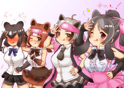Rule 34 | 4girls, ;q, ahoge, animal ears, arm up, bare arms, bare shoulders, bear ears, bear girl, bergman&#039;s bear (kemono friends), bike shorts, black eyes, black hair, blush, bow, bowtie, bracelet, breast pocket, brown bear (kemono friends), brown eyes, brown hair, center frills, chibi, closed mouth, coat, collared shirt, commentary request, cowboy shot, elbow gloves, embarrassed, empty eyes, extra ears, ezo brown bear (kemono friends), fingerless gloves, frills, fur bracelet, gloves, grey hair, hakumaiya, hand on own hip, hand up, headband, high-waist skirt, highres, jewelry, kemono friends, kodiak bear (kemono friends), long hair, looking at viewer, medium hair, microskirt, multiple girls, necktie, nose blush, one eye closed, open clothes, open coat, open mouth, pocket, purple eyes, shirt, short sleeves, shorts, shorts under skirt, side-by-side, skirt, sleeveless, sleeveless shirt, smile, suspender skirt, suspenders, tongue, tongue out, torn clothes, torn sleeves, trembling, two-tone background, white hair, wing collar, wristband