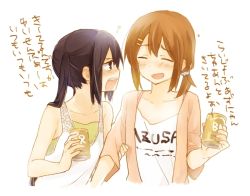 Rule 34 | 2girls, alcohol, alternate hairstyle, arm grab, bad id, bad pixiv id, beer, black hair, blush, brown eyes, brown hair, can, clothes writing, drunk, closed eyes, female focus, hair ornament, hairclip, hirasawa yui, holding, k-on!, multiple girls, nakano azusa, open mouth, picocopi, ponytail, sidelocks, smile, tank top, twintails, yuri