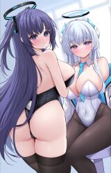 Rule 34 | 2girls, ass, balut (7676i), bare shoulders, black leotard, black pantyhose, black thighhighs, blue archive, blush, breasts, fake tail, halo, highres, large breasts, leotard, long hair, looking at viewer, looking back, multiple girls, necktie, noa (blue archive), pantyhose, playboy bunny, purple eyes, purple hair, rabbit tail, tail, thighhighs, thighs, white hair, white leotard, yuuka (blue archive)