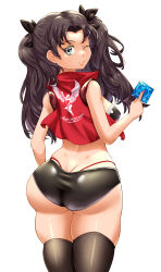 Rule 34 | 1girl, absurdres, ass, black hair, bra, breasts, butt crack, cjhomics, fate/stay night, fate (series), from behind, green eyes, hair ribbon, highres, huge ass, long hair, looking at viewer, looking back, medium breasts, one eye closed, ribbon, shiny clothes, shiny skin, short shorts, shorts, sideboob, smile, solo, thick thighs, thighhighs, thighs, thong, tohsaka rin, two side up, underwear, vest, whale tail (clothing)