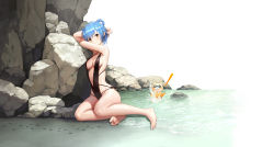 Rule 34 | !, &gt; &lt;, 1girl, absurdres, against rock, armpits, arms up, bare arms, bare legs, bare shoulders, barefoot, black one-piece swimsuit, blonde hair, blue hair, blush, breasts, casual one-piece swimsuit, center opening, cleavage, closed mouth, creature, full body, genshin impact, guoba (genshin impact), hair rings, highres, looking at viewer, medium breasts, one-piece swimsuit, rock, short hair, simple background, sitting, smile, solo, swimsuit, takanoriha kasui, water, white background, xiangling (genshin impact), yokozuwari