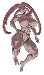 Rule 34 | 1girl, abs, alien, aqua eyes, breasts, colored skin, female focus, full body, grey skin, hand on own hip, highres, huge breasts, inverted nipples, monster girl, muscular, nipples, nude, original, sashizume soutarou, slit pupils, solo, sweat, tentacle hair, thick thighs, thighs, transparent background, zanburg