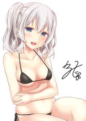 Rule 34 | 10s, 1girl, bad id, bad pixiv id, bikini, black bikini, blue eyes, breasts, collarbone, crossed arms, grey eyes, highres, kantai collection, karutamo, kashima (kancolle), looking at viewer, open mouth, sidelocks, signature, silver hair, sitting, solo, swimsuit, twintails, underboob, white background
