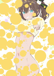 1girl blue_eyes bottomless brown_hair cat_hair_ornament censored censored_nipples clothes_lift commentary_request flat_chest grin hair_ornament hololive hood hoodie lifting_own_clothes natsuiro_matsuri novelty_censor sabaku_chitai shirt_lift side_ponytail skinny smile solo virtual_youtuber yellow_hoodie