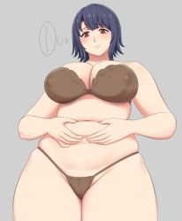 Rule 34 | 1girl, belly, belly grab, black hair, blush, bra, breasts, cleavage, cowboy shot, covered erect nipples, highres, kantai collection, large breasts, lvl (sentrythe2310), navel, panties, parody, plump, solo, standing, style parody, takao (kancolle), underwear, underwear only, weight conscious