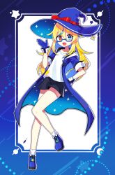 Rule 34 | absurdres, black shorts, blonde hair, blue-framed eyewear, blue eyes, blue footwear, blue gloves, blue hair, blush, boots, bow, commission, gloves, hand on own hip, hat, hat bow, hat ribbon, heterochromia, highres, indie virtual youtuber, long hair, looking at viewer, multicolored hair, offbeat, open mouth, pixiv commission, rectangular eyewear, red bow, red eyes, red ribbon, ribbon, semi-rimless eyewear, shirt, short sleeves, shorts, smile, streaked hair, under-rim eyewear, virtual youtuber, white shirt, witch hat, wiztella (vtuber)