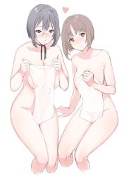 Rule 34 | 2girls, arm support, black choker, black eyes, black hair, blush, breasts, brown eyes, brown hair, choker, closed mouth, commentary, covering privates, cropped legs, girls und panzer, heart, highres, holding, holding towel, invisible chair, kawashima momo, large breasts, leaning to the side, looking at viewer, medium breasts, monocle, multiple girls, nishizumi miho, nude, nude cover, ribbon choker, short hair, sitting, smile, sweat, towel, umiu (hoge), white towel
