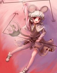 Rule 34 | 1girl, animal ears, arm up, basket, capelet, dowsing rod, female focus, grey hair, highres, ikamagu, ikmg, jewelry, looking at viewer, mouse (animal), mouse ears, mouse tail, nazrin, no nose, open mouth, pendant, red eyes, short hair, skirt, skirt set, smile, solo, tail, touhou
