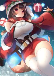 Rule 34 | 1girl, :3, absurdres, azur lane, belt, black hair, box, breasts, christmas, closed mouth, commentary request, corset, detached sleeves, gift, gift box, highres, hood, large breasts, looking at viewer, wisdom cube (azur lane), red eyes, scarf, smile, solo, sweater, thighhighs, white sweater, white thighhighs, wide sleeves, yamaha tsui, yamashiro (azur lane), yamashiro (holiday offensive) (azur lane)
