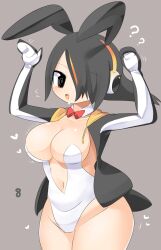 Rule 34 | 1girl, ?, @ @, adapted costume, animal ears, black hair, blush, bow, bowtie, breasts, cleavage, collar, commentary request, cowboy shot, detached collar, emperor penguin (kemono friends), fake animal ears, grey background, hair between eyes, hair over one eye, headphones, heart, highres, kemono friends, large breasts, leotard, lets0020, long bangs, looking at viewer, multicolored hair, navel, numbered, open mouth, orange hair, playboy bunny, plunging neckline, rabbit ears, rabbit pose, red bow, red bowtie, short hair, smile, solo, strapless, streaked hair, white collar, white leotard
