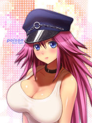 Rule 34 | 1girl, bad id, bad pixiv id, blue eyes, blush, breasts, capcom, choker, cleavage, enomoto hidehira, final fight, hat, large breasts, long hair, pink hair, poison (final fight), solo, tank top