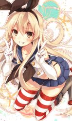 Rule 34 | 10s, 1girl, blonde hair, blush, collarbone, double v, elbow gloves, gloves, hair ornament, hairband, highres, jpeg artifacts, kantai collection, long hair, looking at viewer, personification, sailor collar, shimakaze (kancolle), skirt, smile, solo, striped clothes, striped thighhighs, thighhighs, toosaka asagi, underwear, v, white gloves