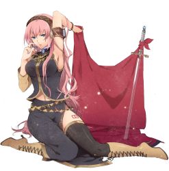 Rule 34 | 1girl, armpits, blue eyes, boots, bracelet, breasts, highres, jewelry, knee boots, kneeling, large breasts, legs, long hair, megurine luka, midriff, murakami yuichi, navel, pink hair, skirt, solo, sword, thighhighs, vocaloid, weapon