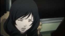Rule 34 | 1girl, background character, black hair, closed eyes, death note, open mouth, scared, screencap, solo, train interior