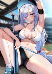 Rule 34 | 1girl, arm up, armband, armpits, bare arms, bare legs, bare shoulders, baseball cap, black hat, blue eyes, blue footwear, blue sky, blurry, blurry background, blush, breasts, buruma, commentary, crop top, day, genshin impact, grey hair, hair over one eye, hat, highres, knee up, large breasts, long hair, looking at viewer, midriff, navel, outdoors, parted lips, shenhe (genshin impact), shoes, sky, solo, sports bra, squchan, stomach, thighs, very long hair