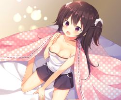 Rule 34 | 1girl, :d, bare arms, bare shoulders, bed sheet, blanket, blue shorts, blush, breasts, brown hair, camisole, collarbone, commentary request, fang, from above, hair between eyes, hair ornament, hair scrunchie, hand up, long hair, looking at viewer, looking up, medium breasts, nanohana kohina, nipples, open mouth, original, polka dot, polka dot blanket, purple eyes, scrunchie, shorts, smile, solo, strap slip, two side up, very long hair, white camisole, white scrunchie