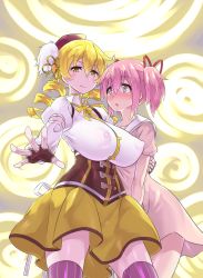 Rule 34 | 10s, 2girls, alternate breast size, beret, blonde hair, blush, breasts, brown legwear, corset, covered erect nipples, detached sleeves, drill hair, fingerless gloves, gloves, gradient background, hair ornament, hair ribbon, hairpin, hat, highres, huge breasts, kaname madoka, large areolae, magical girl, mahou shoujo madoka magica, mahou shoujo madoka magica (anime), mizuumi (bb), multiple girls, no bra, open mouth, pink eyes, pink hair, pleated skirt, puffy nipples, puffy sleeves, ribbon, see-through, short hair, short twintails, skirt, smile, striped clothes, striped thighhighs, thighhighs, tomoe mami, twin drills, twintails, vertical-striped clothes, vertical-striped thighhighs, yellow eyes