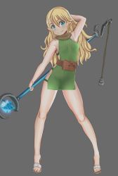 Rule 34 | 1girl, arm behind head, arm up, aruman, blonde hair, blue eyes, blush, breasts, dress, elf, fanny pack, female focus, full body, green dress, grey background, high heels, highres, holding, holding staff, holding weapon, legs apart, long hair, medium breasts, original, pointy ears, pouch, sandals, short dress, side slit, sideboob, simple background, smile, solo, staff, standing, weapon