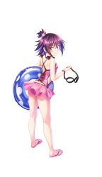Rule 34 | 1girl, bare shoulders, breasts, brown eyes, formation girls, from behind, full body, goggles, highres, holding, holding goggles, looking at viewer, pink skirt, pink one-piece swimsuit, purple hair, rabi chaser, sandals, skirt, small breasts, smile, solo, swimsuit, tenkuu nozora, transparent background, watch, wristwatch