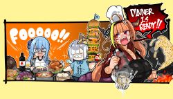 Rule 34 | 3girls, absurdres, ahoge, alternate costume, amane kanata, angel, apple juice, apron, baozi, bib, black apron, black hairband, blonde hair, blue eyes, blue hair, blue neckwear, blue shirt, blunt bangs, bob cut, border, bottle, bow, bowtie, breasts, burger, cheese, chef hat, cleavage, closed eyes, collarbone, commentary, commentary request, cooking, cup, diagonal-striped bow, doukyo&#039;s, dragon girl, dragon horns, dragon tail, dragon tail steak, drinking glass, drooling, english commentary, english text, fake facial hair, fake mustache, fire, flipping food, food, fork, french fries, fried rice, hair over one eye, hair ribbon, hairband, halo, hat, highres, holding, holding fork, holding knife, holding tray, hololive, hood, hood down, hooded track jacket, horn bow, horn ornament, horns, hoshimachi suisei, jacket, juice, ketchup bottle, kiryu coco, kiryu coco (loungewear), knife, large breasts, long hair, mini flag, multicolored eyes, multicolored hair, multiple girls, mustard bottle, noodles, official alternate costume, open mouth, orange hair, pink hair, pizza, pointy ears, pot, pp tenshi t-shirt, print shirt, purple eyes, red eyes, red jacket, ribbon, sharp teeth, shirt, short hair, short sleeves, side ponytail, sidelocks, silver hair, single hair intake, speech bubble, star-shaped pupils, star (symbol), star halo, steam, strainer, streaked hair, striped, striped bow, sweat, symbol-shaped pupils, syoya, t-shirt, tail, teeth, track jacket, tray, turkey (food), upper body, upper teeth only, virtual youtuber, wavy hair, wine glass, wok, yellow border