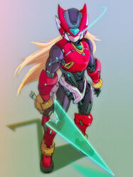 Rule 34 | 1boy, absurdres, adapted costume, android, armor, blonde hair, blue eyes, boots, breastplate, energy sword, eye trail, forehead jewel, glowing, glowing eyes, highres, holding, holding sword, holding weapon, joints, light trail, long hair, mechaklear, mega man (series), mega man zero (series), red armor, red footwear, red helmet, robot joints, solo, sword, weapon, z saber, zero(z) (mega man), zero (mega man)