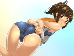 Rule 34 | 10s, 1girl, :o, ass, bent over, blush, brown eyes, brown hair, cameltoe, fat mons, from behind, i-401 (kancolle), kantai collection, kneeling, leaning forward, looking back, one-piece swimsuit, open mouth, ponytail, school swimsuit, school uniform, shiden (sashimi no wife), short hair, solo, swimsuit, swimsuit under clothes, tan, tanline, trefoil