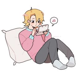 Rule 34 | 1boy, artist name, black eyes, blonde hair, blush, closed mouth, commentary, english commentary, full body, grey pants, grey socks, hair between eyes, hanazawa teruki, handheld game console, highres, holding, holding handheld game console, holding stylus, kaogens, knees up, long sleeves, male focus, mob psycho 100, musical note, nintendo ds, pants, pillow, pink shirt, shirt, short hair, simple background, sitting, smile, socks, solo, stylus, white background