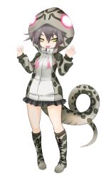 Rule 34 | 10s, 1girl, :d, boots, drawstring, fangs, full body, glowing, grey hair, hair between eyes, hands up, hood, hood up, hoodie, ise (0425), kemono friends, knee boots, looking at viewer, okinawa habu (kemono friends), open mouth, print hoodie, simple background, smile, snake print, snake tail, solo, standing, tail, v-shaped eyebrows, white background, yellow eyes
