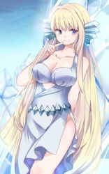 Rule 34 | 1girl, artist request, blonde hair, blue eyes, breasts, cleavage, commentary request, commission, fins, head fins, highres, ice, ice cube, large breasts, long hair, maria (mermaid melody pichi pichi pitch), mermaid melody pichi pichi pitch, ocean, pixiv commission, siren (series), standing, straight hair, thighs