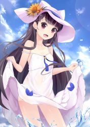 Rule 34 | 1girl, :d, animal hat, bad id, bad pixiv id, black hair, blue sky, blunt bangs, braid, cat hat, closed eyes, cloud, collarbone, cowboy shot, day, dress, fang, flat chest, flower, food, french braid, fruit, gluteal fold, hat, hat flower, highres, kureha (angelite), long hair, looking at viewer, moe2018, motion blur, navel, one-piece tan, open mouth, original, outdoors, red eyes, see-through, skirt hold, sky, sleeveless, sleeveless dress, smile, solo, splashing, standing, straight hair, strap slip, sundress, sunflower, tan, tanline, tareme, very long hair, watermelon, wet, wet clothes, wet dress, white hat