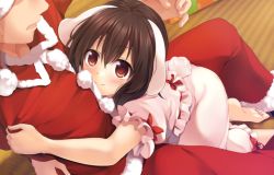 Rule 34 | 1boy, 1girl, animal ears, artist self-insert, bad id, bad pixiv id, blush, box, brown hair, closed mouth, couple, dress, dutch angle, eye contact, frilled sleeves, frills, gift, gift box, hetero, hug, inaba tewi, indoors, long sleeves, looking at another, looking up, nnyara, pants, pink dress, pom pom (clothes), puffy short sleeves, puffy sleeves, rabbit ears, red eyes, red pants, red shirt, shirt, short hair, short sleeves, smile, soles, tareme, tatami, touhou