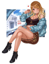 Rule 34 | 1girl, absurdres, animal print, bare legs, bare shoulders, black eyes, black footwear, black shirt, blue jacket, breasts, brown hair, brown skirt, cleavage, closed mouth, crop top, dark skin, dark-skinned female, full body, hand up, high heels, highres, idolmaster, idolmaster shiny colors, invisible chair, izumi mei, jacket, jewelry, large breasts, crossed legs, long hair, long sleeves, looking at viewer, midriff, miniskirt, necklace, off shoulder, one eye closed, open clothes, open jacket, pencil skirt, shirt, shoes, sirurabbit, sitting, skirt, sleeveless, sleeveless shirt, smile, solo, thighs, tiger print
