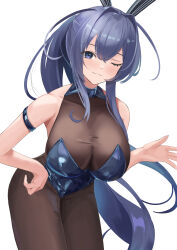 Rule 34 | 1girl, absurdres, animal ears, arm strap, azur lane, black leotard, blue eyes, blue hair, blue leotard, bodystocking, breasts, cleavage, closed mouth, fake animal ears, highres, large breasts, leotard, long hair, looking at viewer, new jersey (azur lane), new jersey (exhilarating steps!) (azur lane), official alternate costume, one eye closed, playboy bunny, rabbit ears, remapack77, see-through, see-through cleavage, simple background, smile, solo, strapless, strapless leotard, very long hair, white background