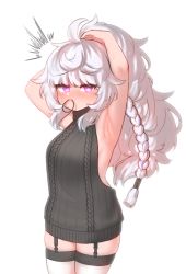Rule 34 | 1girl, ^^^, ahoge, armpits, arms up, backless outfit, black sweater, blush, braid, dress, garter straps, hair tie, highres, kim aendeo, last origin, long hair, looking at viewer, meme attire, messy hair, mouth hold, ponytail, purple eyes, ribbed sweater, silver hair, simple background, single braid, sleeveless, sleeveless sweater, solo, sweatdrop, sweater, sweater dress, thighhighs, turtleneck, turtleneck sweater, ullr (last origin), virgin killer sweater, white background, white thighhighs