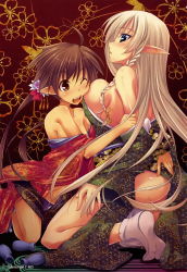 Rule 34 | 2girls, absurdres, alcohol, alleyne (queen&#039;s blade), ass, blue eyes, blush, braid, breast press, breasts, brown hair, elf, highres, hug, japanese clothes, kneeling, large breasts, long hair, multiple girls, no panties, nowa (queen&#039;s blade), off shoulder, one eye closed, pointy ears, queen&#039;s blade, sake, shimakaze (soundz of bell), side braid, socks, twintails, white hair, wink, yellow eyes, yuri
