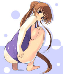 Rule 34 | 1girl, adjusting clothes, adjusting swimsuit, ass, barefoot, blue eyes, breast press, breasts, breasts out, brown hair, large breasts, long hair, looking back, non-web source, one-piece swimsuit, ponytail, purple one-piece swimsuit, purple school swimsuit, school swimsuit, sideboob, sikorsky, solo, squatting, swimsuit