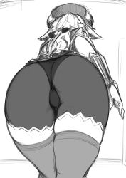 Rule 34 | 1girl, animal ears, ass, ass focus, bike shorts, cameltoe, from behind, genshin impact, greenopi, hat, highres, huge ass, long hair, low ponytail, monochrome, short shorts, shorts, solo, sucrose (genshin impact), thighhighs