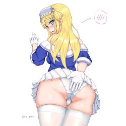 Rule 34 | 1girl, ass, bare shoulders, blonde hair, blue eyes, blush, breasts, cameltoe, covering privates, covering ass, fletcher (kancolle), from behind, from below, gloves, hairband, huge ass, kantai collection, kneehighs, long hair, looking at viewer, looking back, medium breasts, miniskirt, open mouth, panties, school uniform, serafuku, shin makoto, shiny clothes, shiny skin, simple background, skirt, socks, solo, thighhighs, thighs, underwear, white background, white socks
