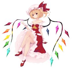 Rule 34 | 1girl, arm support, ascot, blonde hair, bobby socks, closed mouth, collarbone, cross, crystal, fingernails, flandre scarlet, frilled skirt, frilled sleeves, frills, full body, hair between eyes, hat, hat ribbon, head tilt, highres, light smile, looking at viewer, mary janes, medium hair, multicolored wings, nail polish, off-shoulder shirt, off shoulder, one side up, puffy short sleeves, puffy sleeves, red eyes, red footwear, red nails, red ribbon, red skirt, red vest, ribbon, sh1 (shanghaidoll), sharp fingernails, shirt, shoes, short sleeves, simple background, skirt, skirt set, sleeve ribbon, socks, solo, touhou, vest, white background, white hat, white shirt, white socks, wings, wrist cuffs, yellow ascot