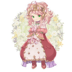 Rule 34 | 1girl, dress, final fantasy, final fantasy xiv, fleur-de-lis, floral background, flower, fosaster fenrir, frilled shirt collar, frilled sleeves, frills, full body, gown, green eyes, headpiece, highres, lalafell, layered dress, layered sleeves, leaf, looking at viewer, medium hair, nanamo ul namo, no pupils, own hands together, pink dress, pink hair, pointy ears, puffy sleeves, red footwear, shoes, smile, solo, standing, swept bangs, two side up, v arms