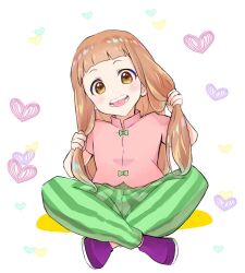 Rule 34 | 1girl, blush, brown eyes, brown hair, commentary request, full body, green pants, heart, holding, holding hair, ichihara nina, idolmaster, idolmaster cinderella girls, indian style, koichi makoto, long hair, looking at viewer, open mouth, pants, pink shirt, purple footwear, shirt, short sleeves, sitting, sketch, smile, solo, striped clothes, striped pants, teeth, tongue, tongue out, vertical-striped clothes, vertical-striped pants